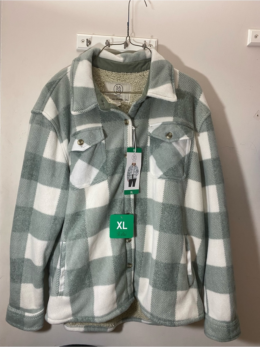Sage Collective Sherpa-Lined Plaid Jacket in Sage Green & Cream